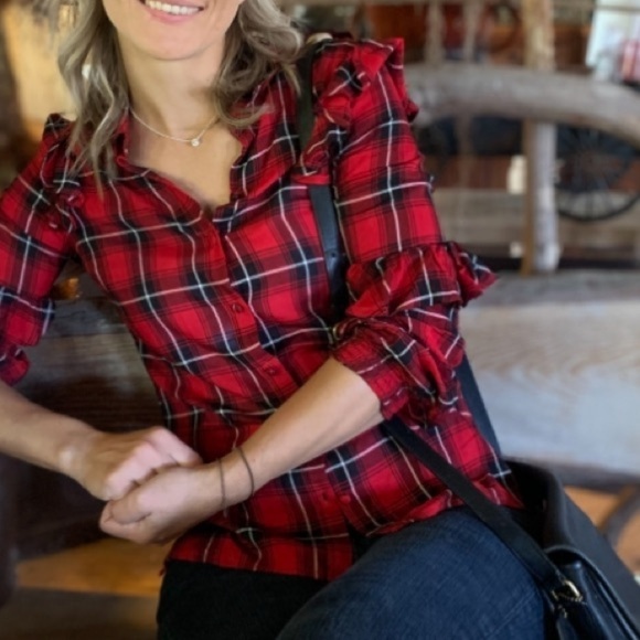 Rocks & Indigo plaid red‎ black ruffles button down Shirt XS holidays Christmas - Picture 1 of 10
